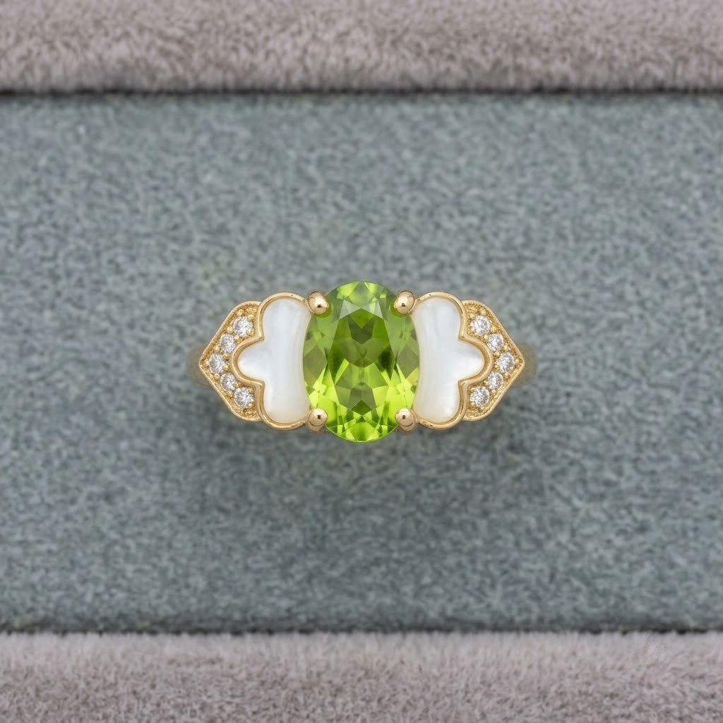 Vintage Peridot Green Oval Gemstone Petal Enamel Adjustable Ring - View 8