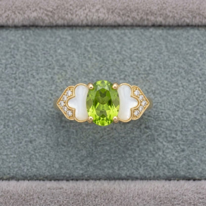 Vintage Peridot Green Oval Gemstone Petal Enamel Adjustable Ring - View 8