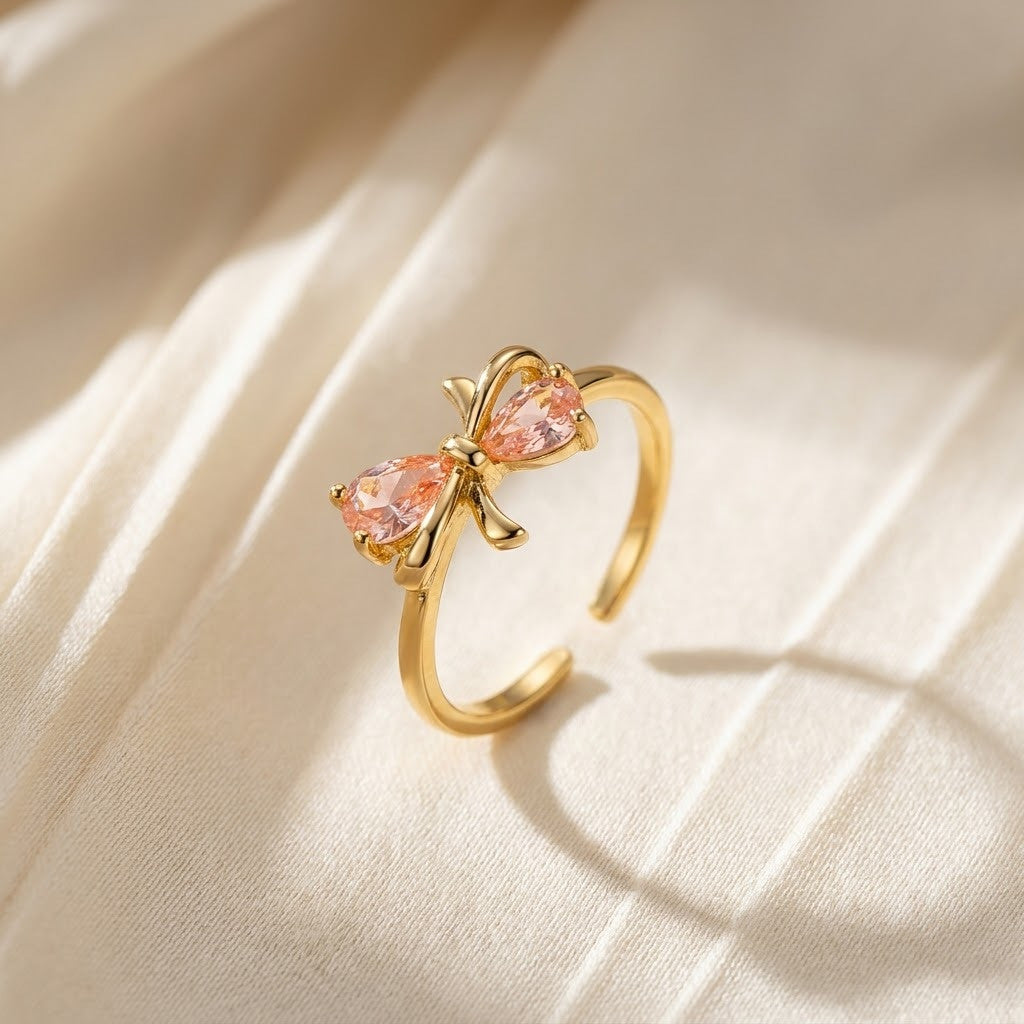 Coquette Ribbon Knot Pink Teardrop Crystal Adjustable Ring - View 1