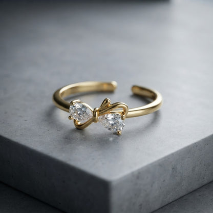 Petite Gold Bow Pastel Pink Solitaire Crystal Adjustable Ring - View 2