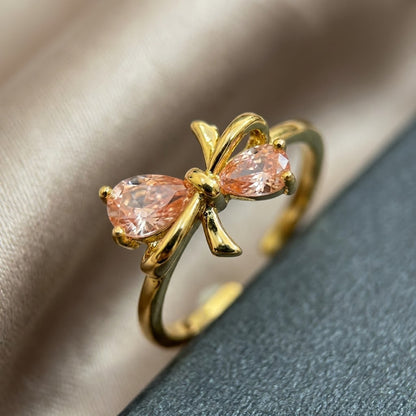 Coquette Ribbon Knot Pink Teardrop Crystal Adjustable Ring - View 4