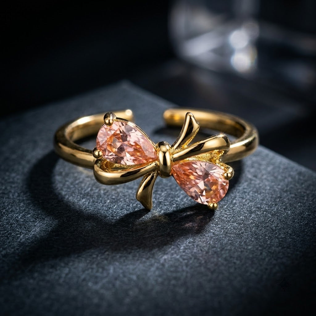 Coquette Ribbon Knot Pink Teardrop Crystal Adjustable Ring - View 6