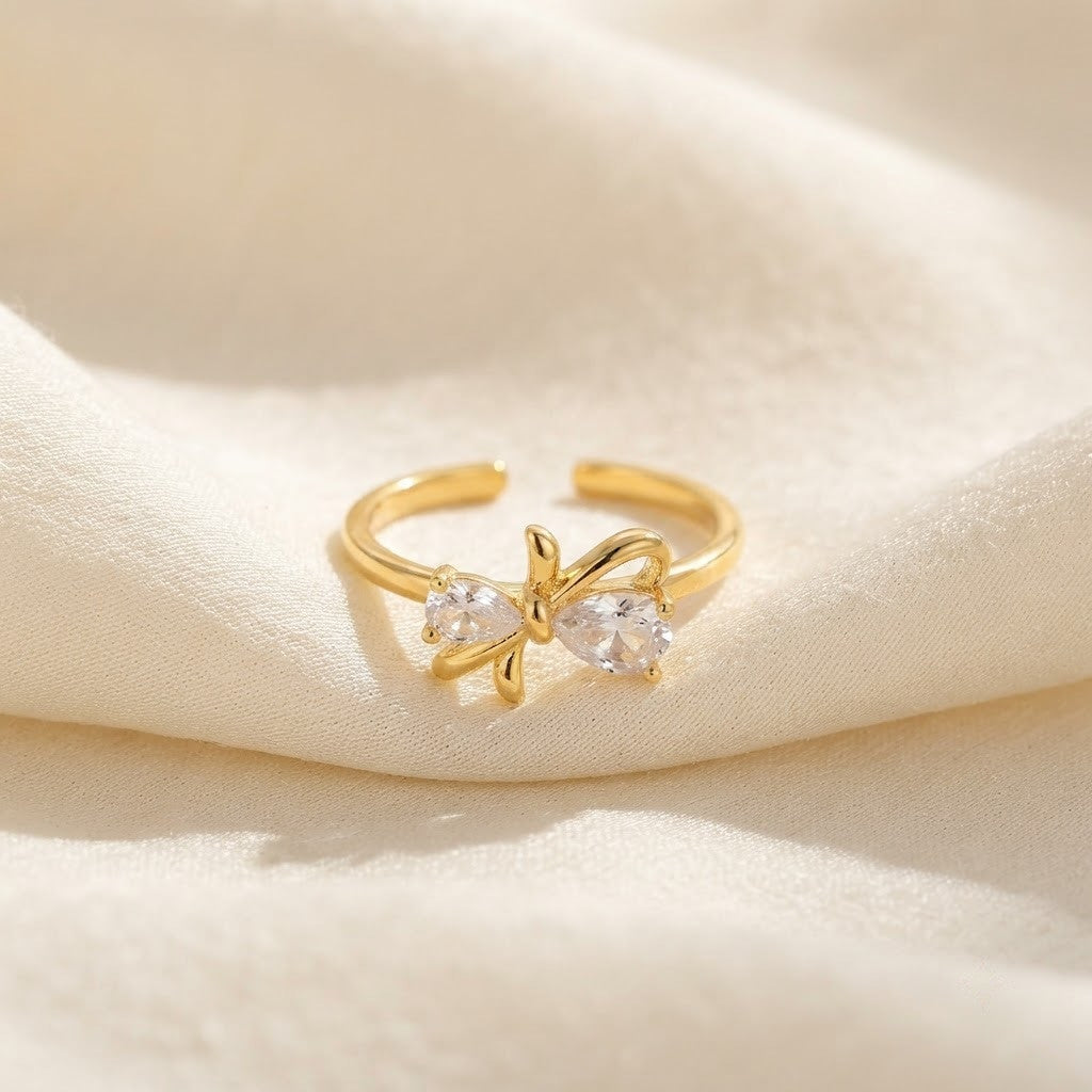 Petite Gold Bow Pastel Pink Solitaire Crystal Adjustable Ring - View 3