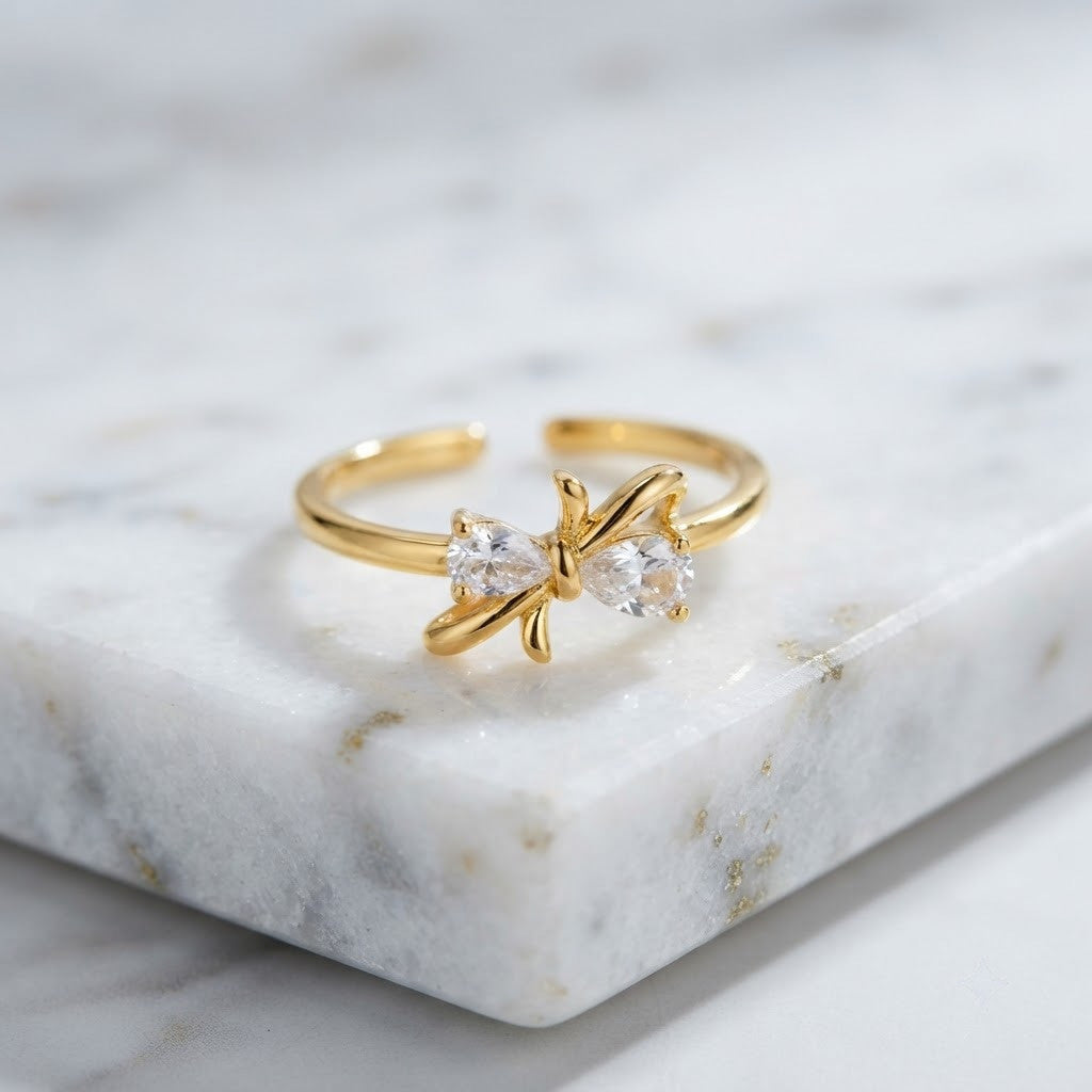 Petite Gold Bow Pastel Pink Solitaire Crystal Adjustable Ring - View 1