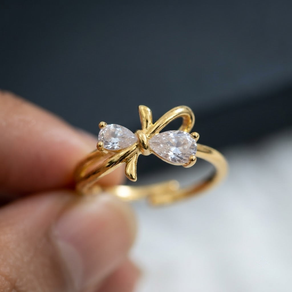 Petite Gold Bow Pastel Pink Solitaire Crystal Adjustable Ring - View 4