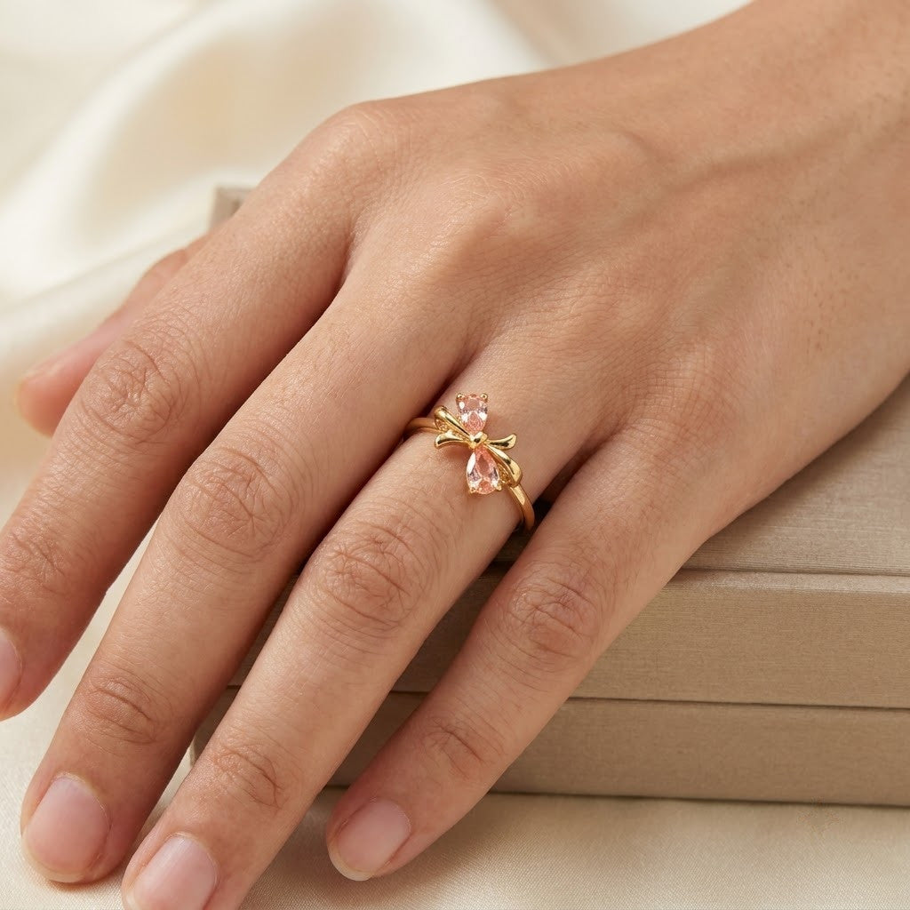 Coquette Ribbon Knot Pink Teardrop Crystal Adjustable Ring - View 5