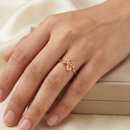 Coquette Ribbon Knot Pink Teardrop Crystal Adjustable Ring - View 5
