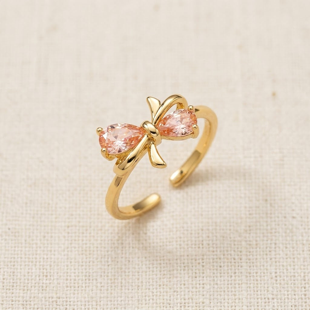 Coquette Ribbon Knot Pink Teardrop Crystal Adjustable Ring - View 8