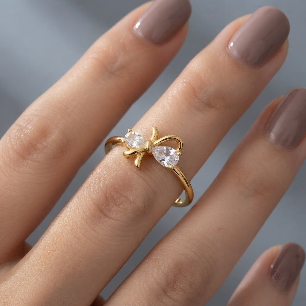 Petite Gold Bow Pastel Pink Solitaire Crystal Adjustable Ring - View 5