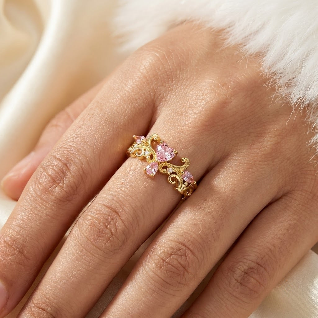 Triple Fluttering Butterfly Pink Crystal Adjustable Ring - View 5