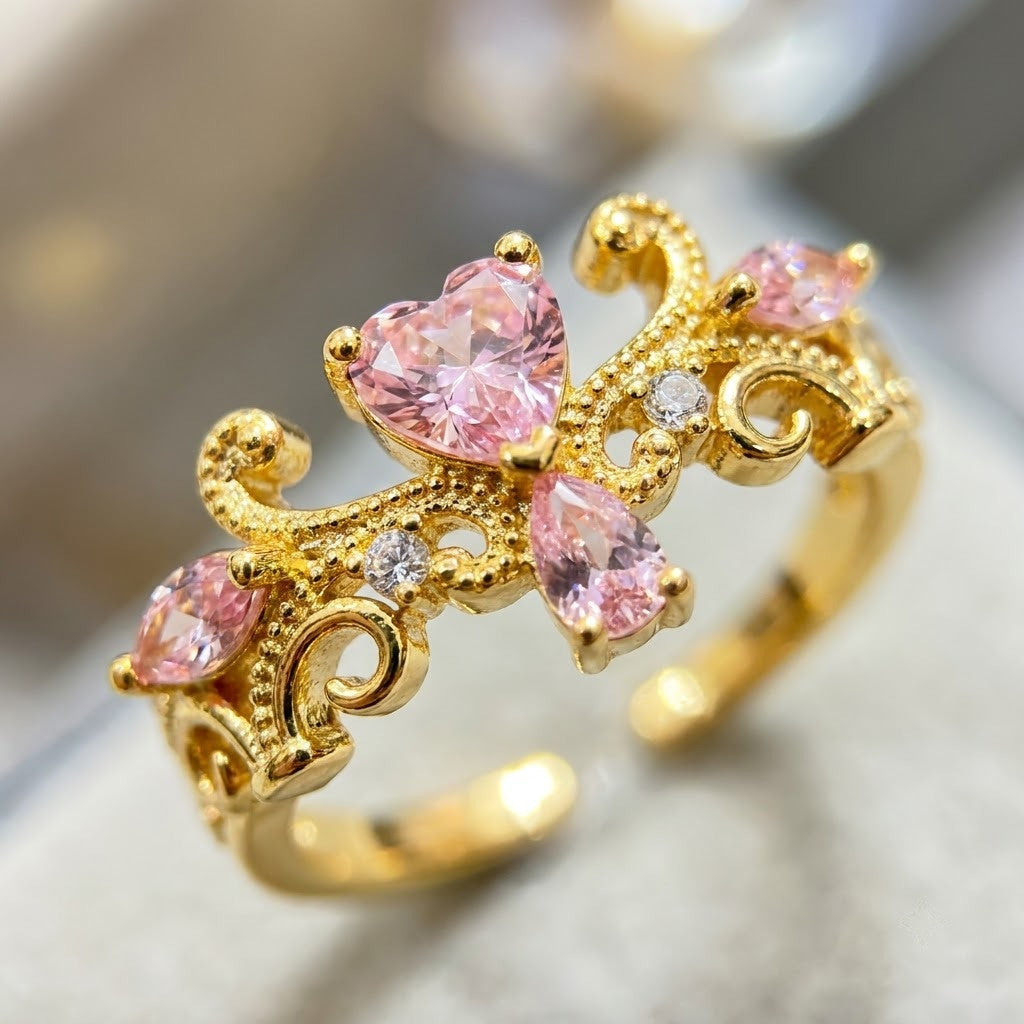 Triple Fluttering Butterfly Pink Crystal Adjustable Ring - View 4