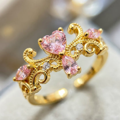 Triple Fluttering Butterfly Pink Crystal Adjustable Ring - View 4