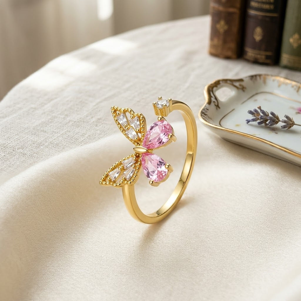 Open Butterfly Wing Silhouette Pavé Accent Adjustable Ring - View 3
