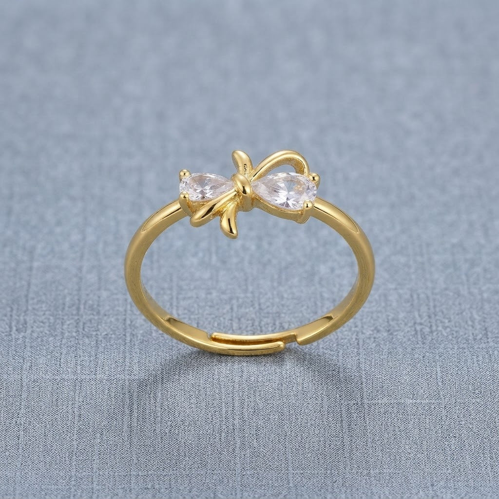 Petite Gold Bow Pastel Pink Solitaire Crystal Adjustable Ring - View 8