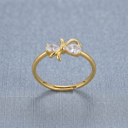 Petite Gold Bow Pastel Pink Solitaire Crystal Adjustable Ring - View 8