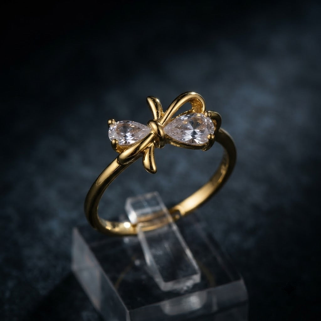 Petite Gold Bow Pastel Pink Solitaire Crystal Adjustable Ring - View 6