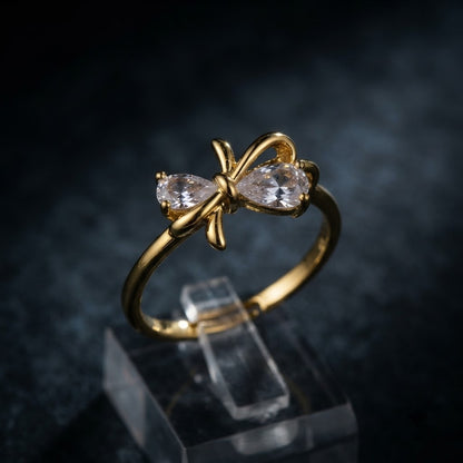 Petite Gold Bow Pastel Pink Solitaire Crystal Adjustable Ring - View 6