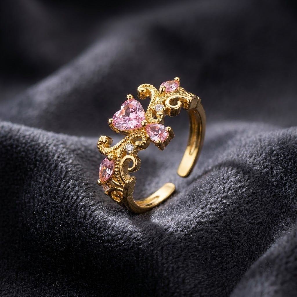 Triple Fluttering Butterfly Pink Crystal Adjustable Ring - View 1