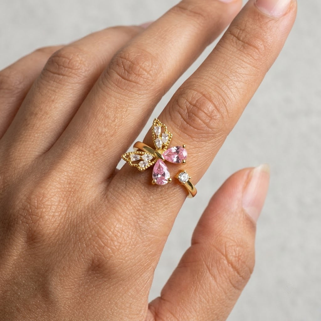 Open Butterfly Wing Silhouette Pavé Accent Adjustable Ring - View 4