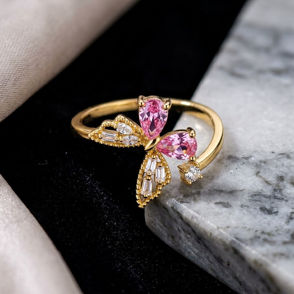 Open Butterfly Wing Silhouette Pavé Accent Adjustable Ring - View 1