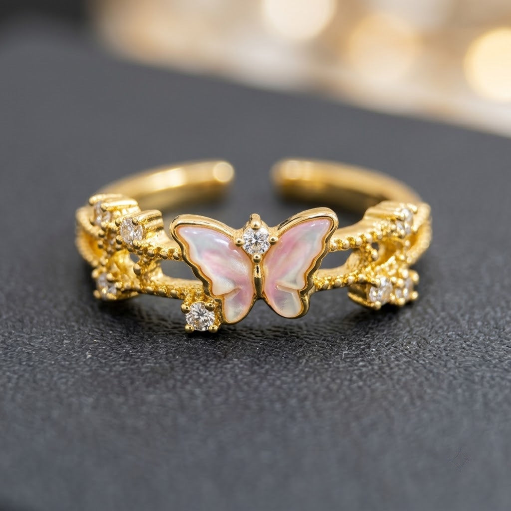 Spring Blossom Butterfly Pastel Pink Enamel Adjustable Ring - View 4
