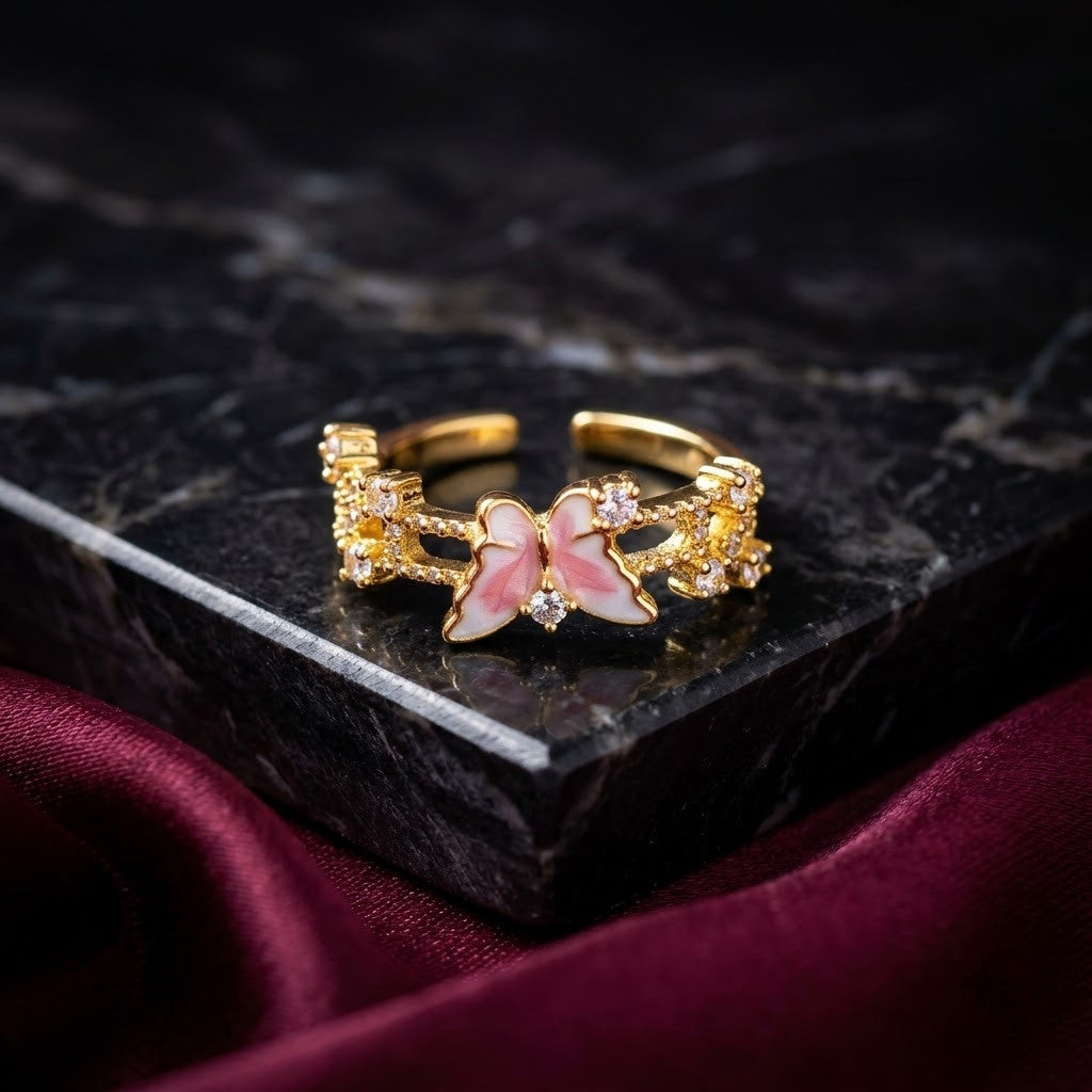 Spring Blossom Butterfly Pastel Pink Enamel Adjustable Ring - View 1