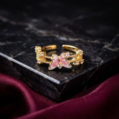 Spring Blossom Butterfly Pastel Pink Enamel Adjustable Ring - View 1