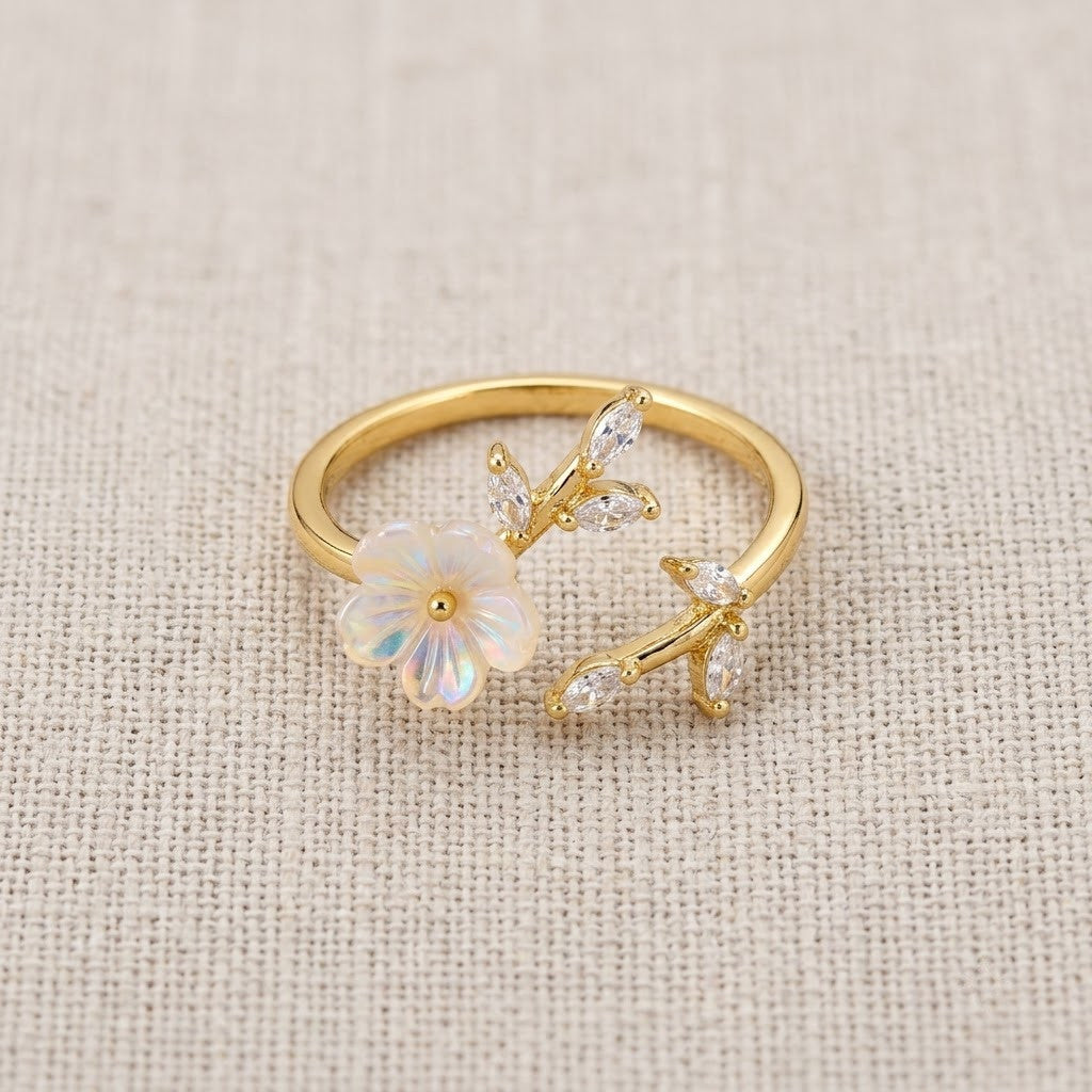 Artisanal White Blossom Flower & Leaf Bypass Adjustable Ring - View 8