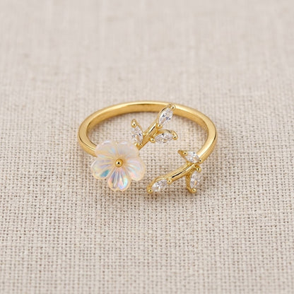 Artisanal White Blossom Flower & Leaf Bypass Adjustable Ring - View 8