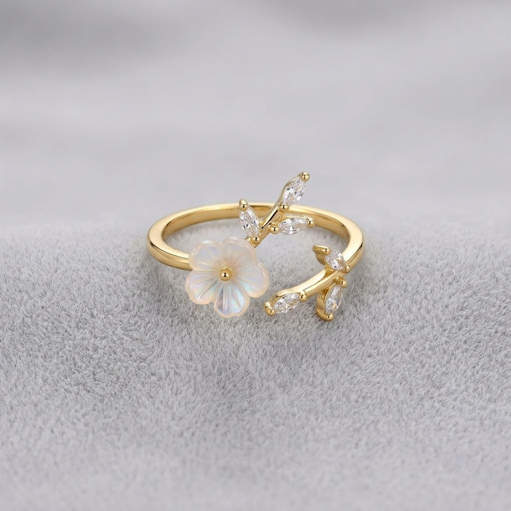 Artisanal White Blossom Flower & Leaf Bypass Adjustable Ring - View 7