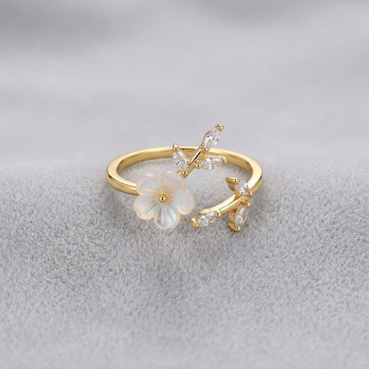 Artisanal White Blossom Flower & Leaf Bypass Adjustable Ring - View 7