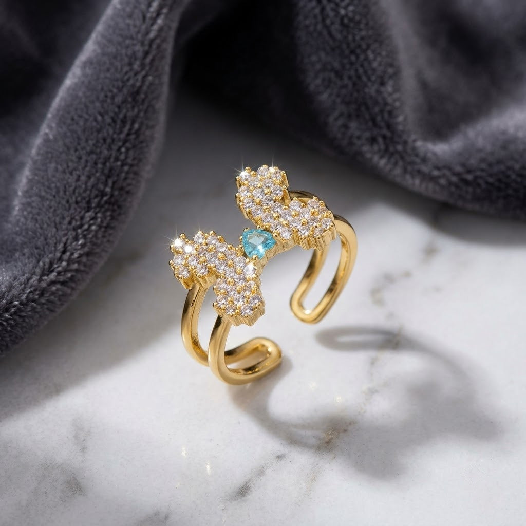 Ribbon Knot Pavé Crystal Dainty Open Cuff Adjustable Ring - View 1