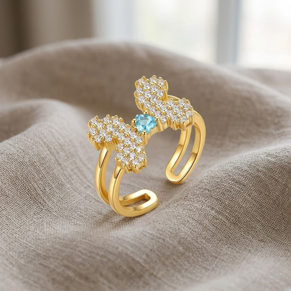 Ribbon Knot Pavé Crystal Dainty Open Cuff Adjustable Ring - View 3