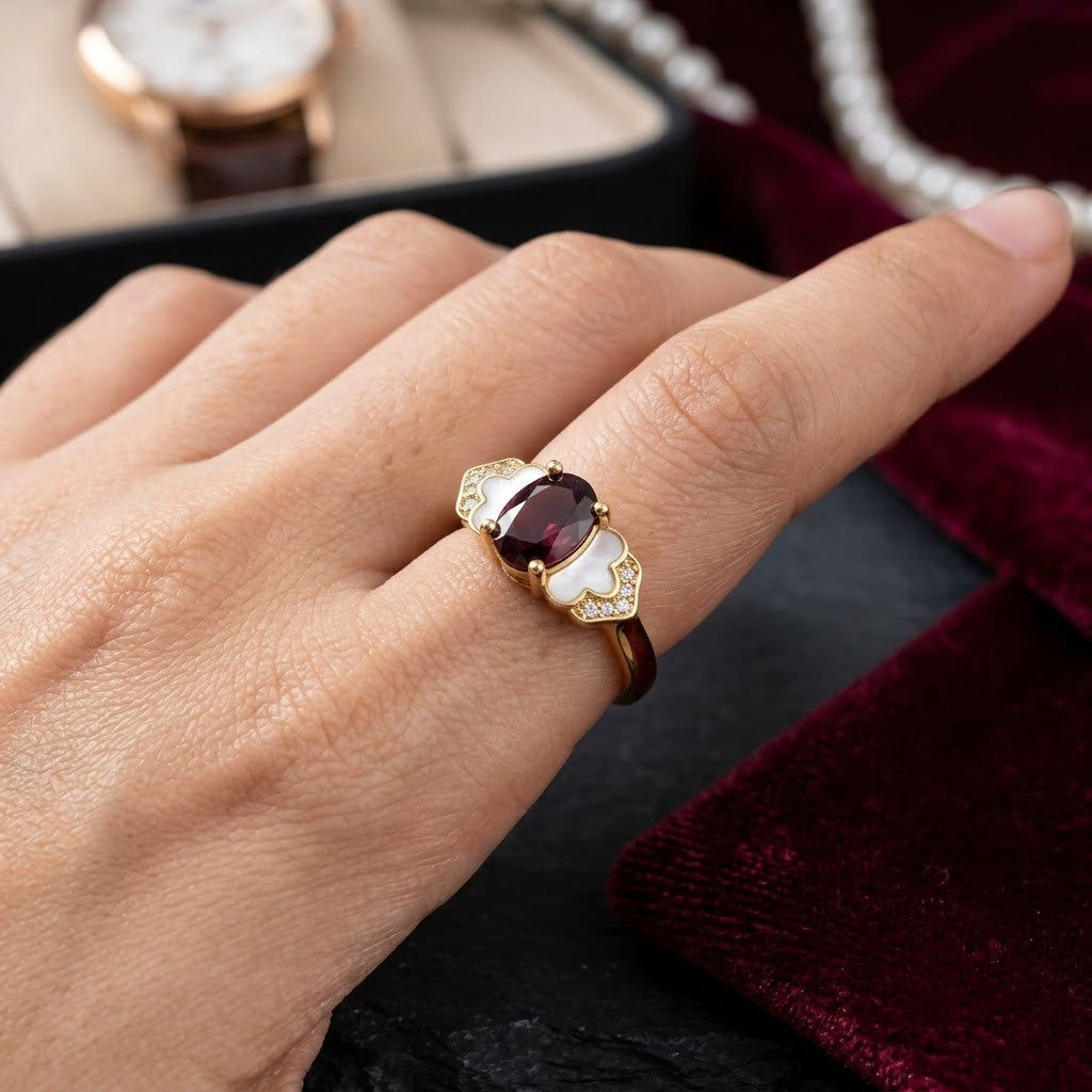 Vintage Deep Crimson Garnet Oval Gemstone Statement Adjustable Ring - View 5