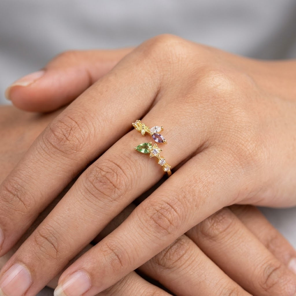 Botanical Olive Branch Marquise Crystal Vine Adjustable Ring - View 4