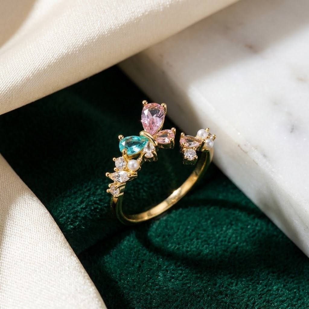Dual Floral Blossom Pastel Gemstone Bypass Adjustable Ring - View 1