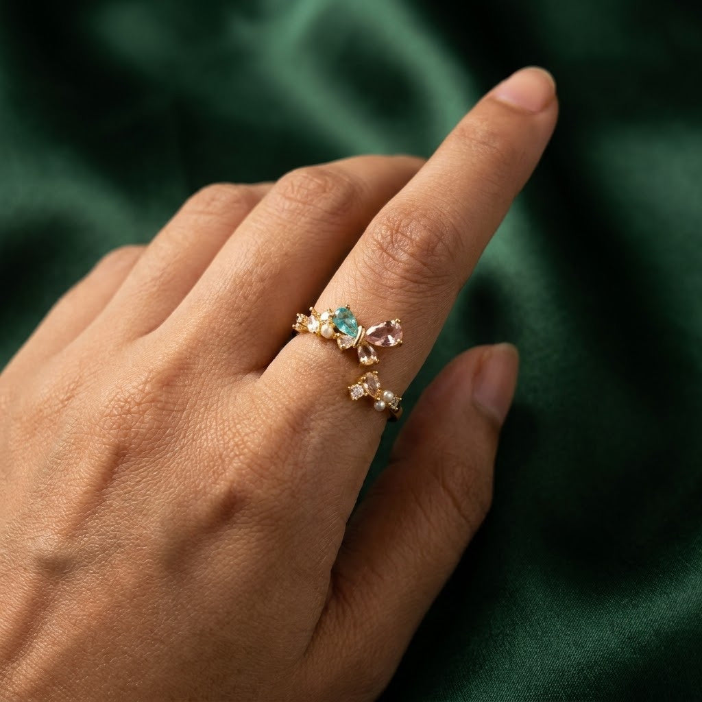 Dual Floral Blossom Pastel Gemstone Bypass Adjustable Ring - View 2