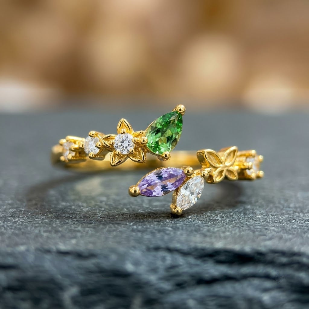 Botanical Olive Branch Marquise Crystal Vine Adjustable Ring - View 3