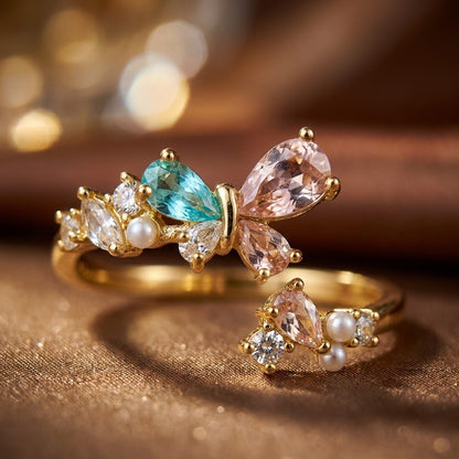 Dual Floral Blossom Pastel Gemstone Bypass Adjustable Ring - View 4