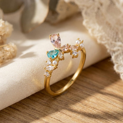 Dual Floral Blossom Pastel Gemstone Bypass Adjustable Ring - View 3