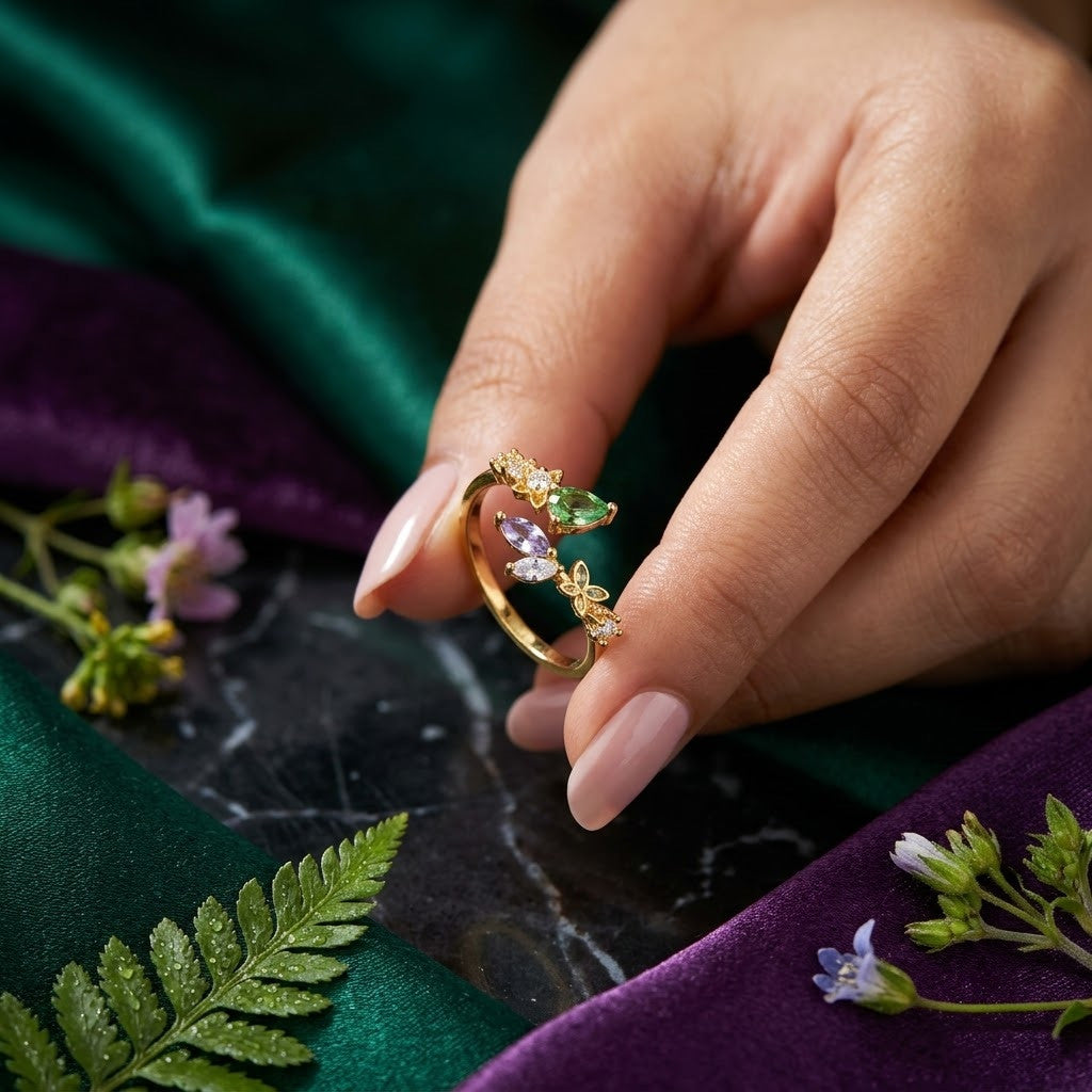 Botanical Olive Branch Marquise Crystal Vine Adjustable Ring - View 2