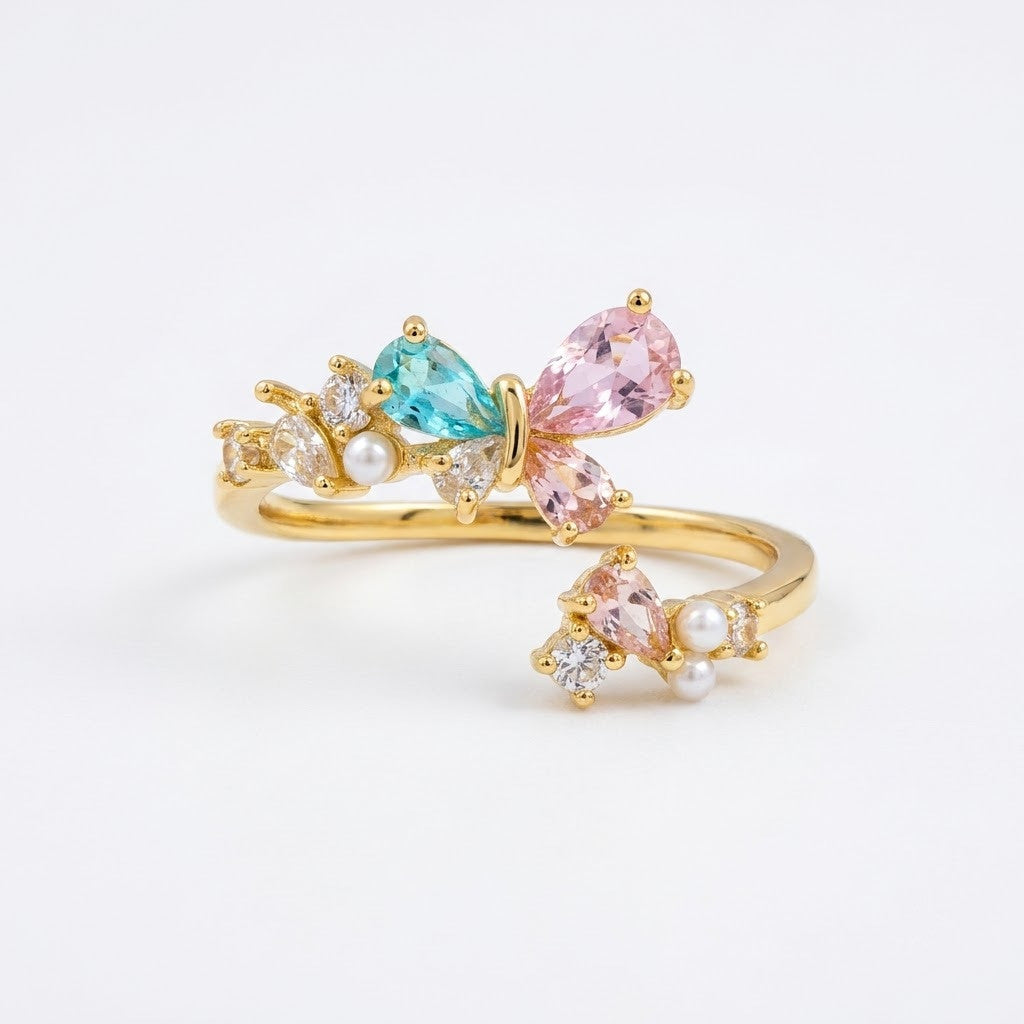 Dual Floral Blossom Pastel Gemstone Bypass Adjustable Ring - View 7