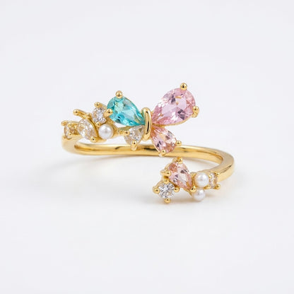 Dual Floral Blossom Pastel Gemstone Bypass Adjustable Ring - View 7