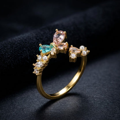 Dual Floral Blossom Pastel Gemstone Bypass Adjustable Ring - View 6