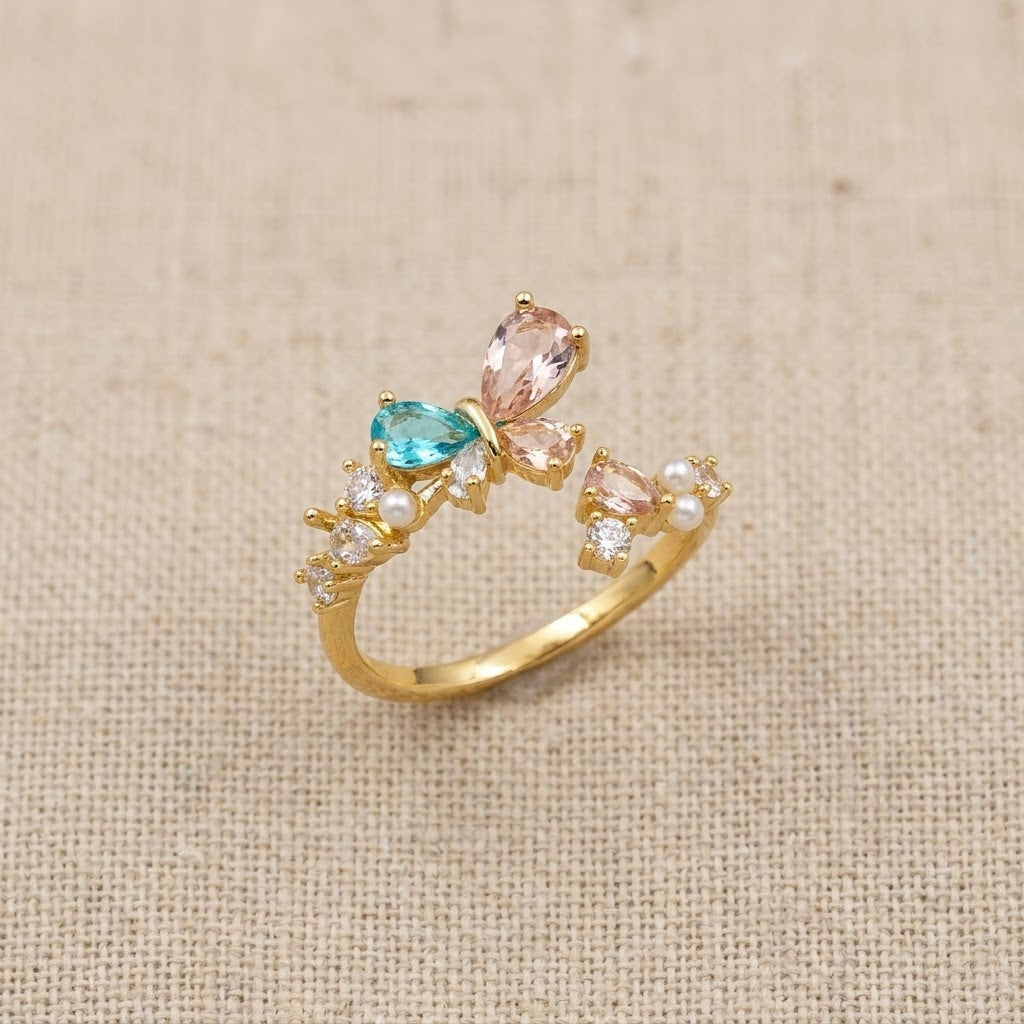 Dual Floral Blossom Pastel Gemstone Bypass Adjustable Ring - View 8