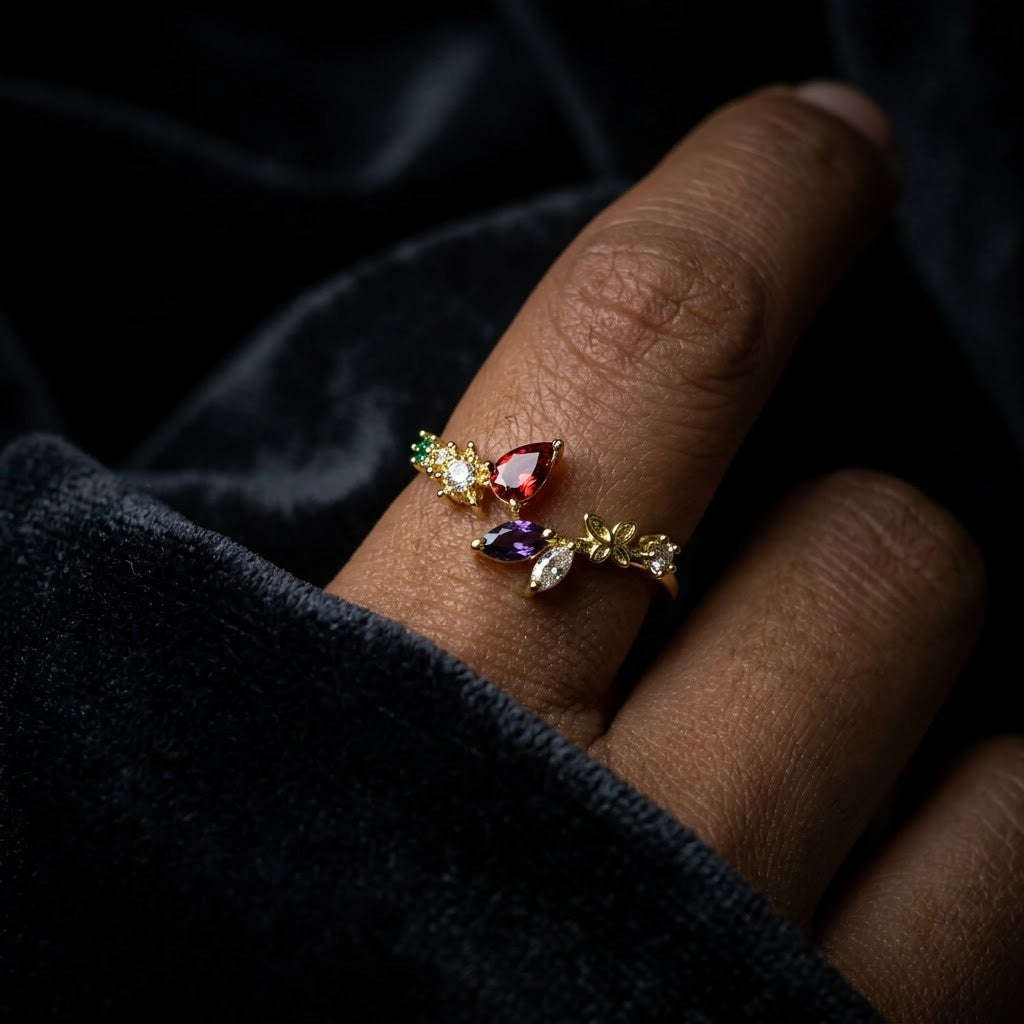 Autumn Foliage Ruby & Amber Crystal Branch Adjustable Ring - View 6