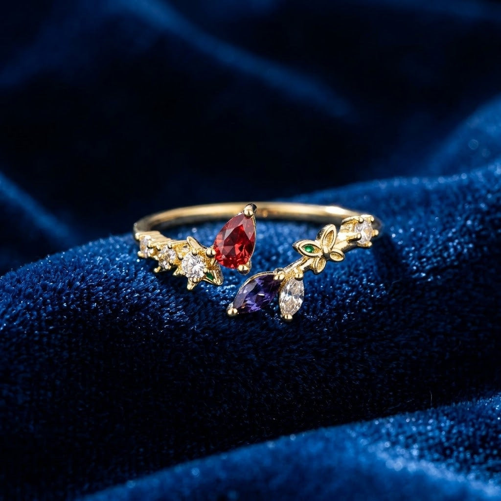 Autumn Foliage Ruby & Amber Crystal Branch Adjustable Ring - View 1