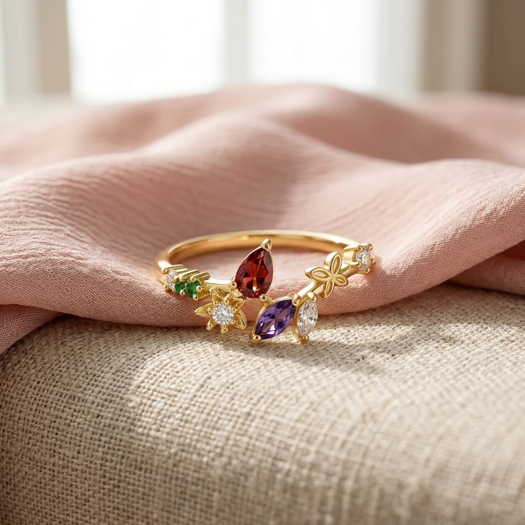 Autumn Foliage Ruby & Amber Crystal Branch Adjustable Ring - View 3