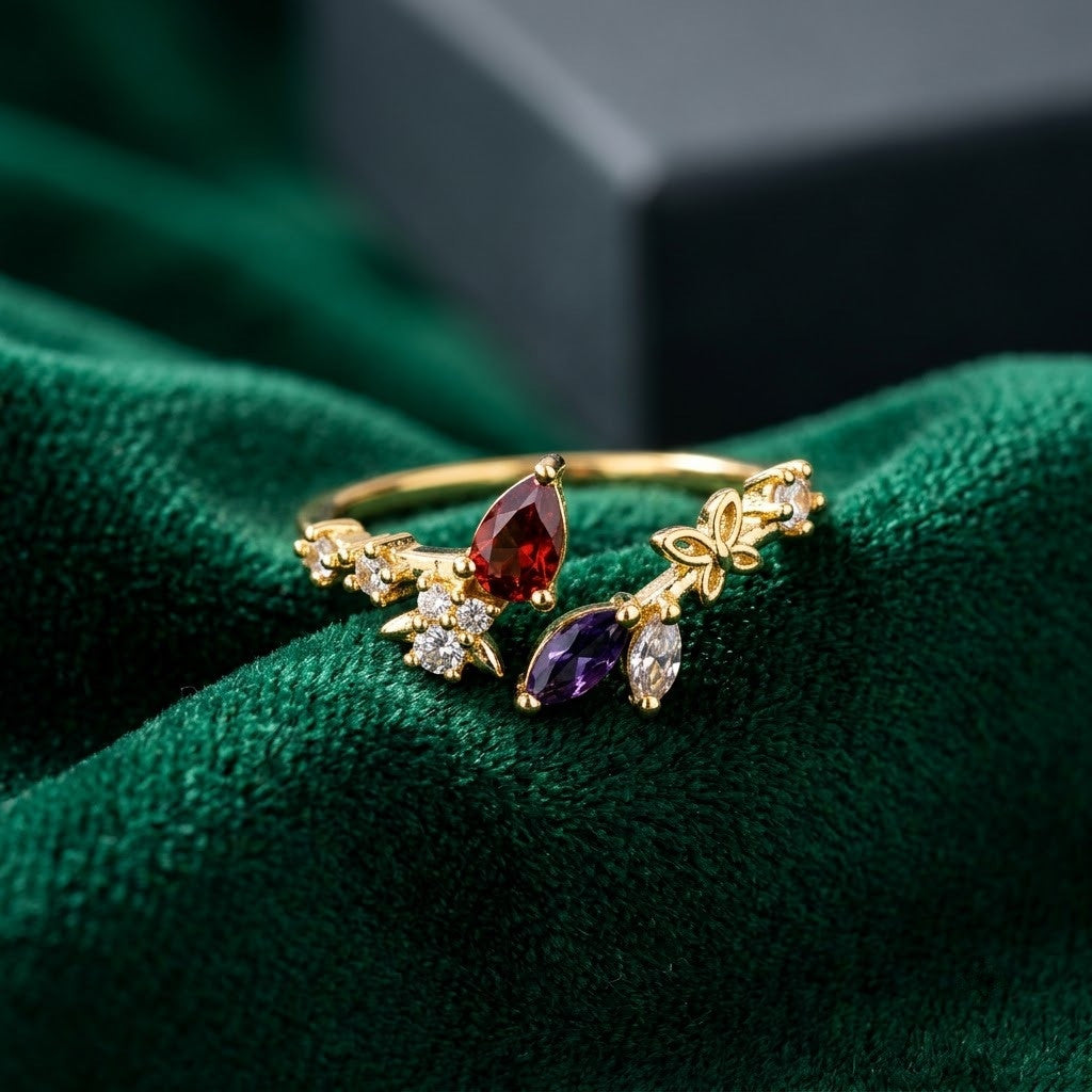 Autumn Foliage Ruby & Amber Crystal Branch Adjustable Ring - View 2