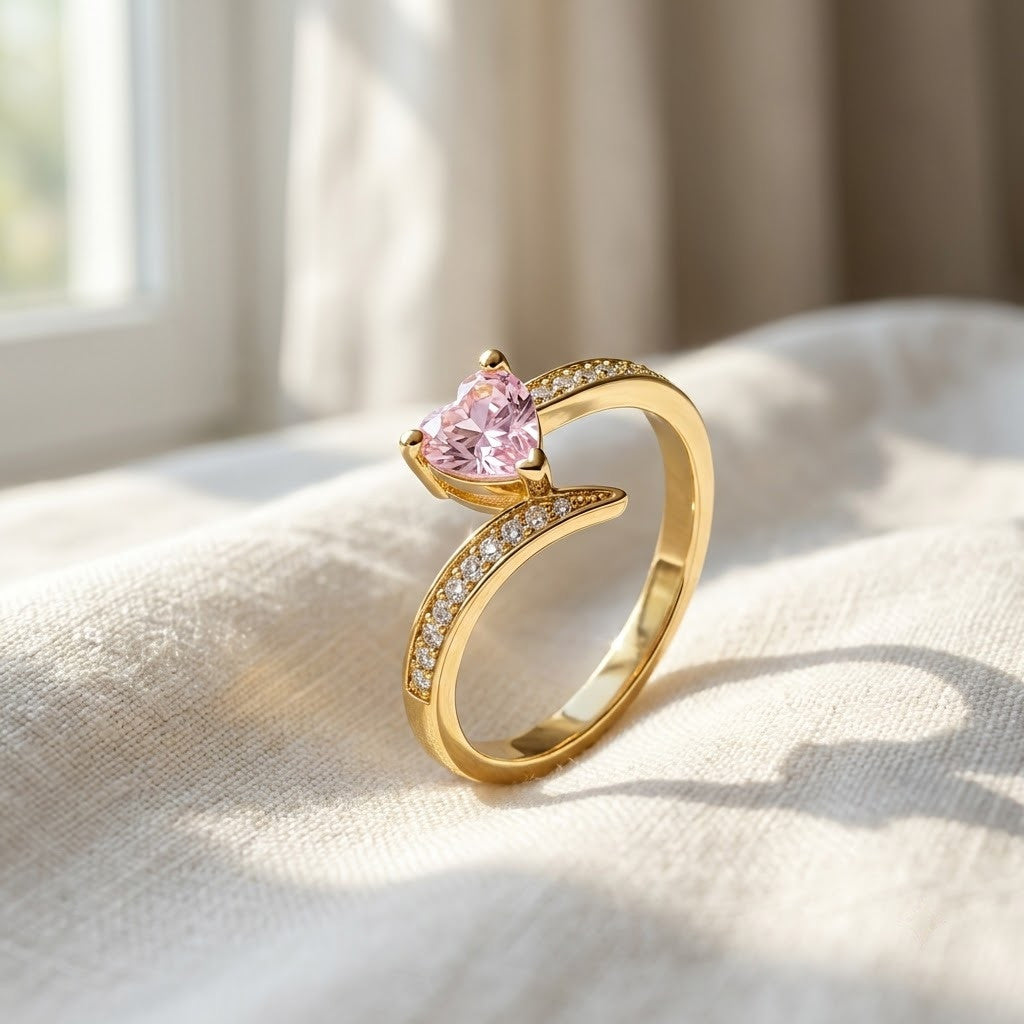 Sweetheart Blush Pink Faceted Crystal Heart Adjustable Ring - View 3